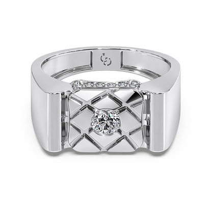 Men’s Round Brilliant Diamond Ring | Geometric Lattice Design Pavé Accent Band