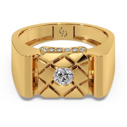 Men’s Round Brilliant Diamond Ring | Geometric Lattice Design Pavé Accent Band