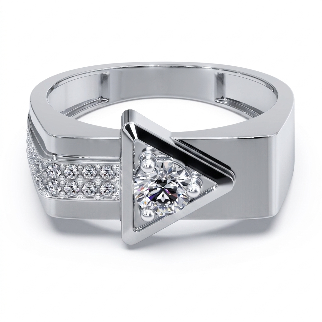 men’s round brilliant diamond ring | triangle frame design pavé side accents