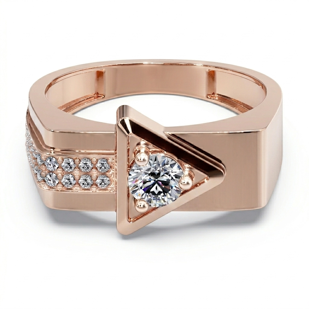 men’s round brilliant diamond ring | triangle frame design pavé side accents