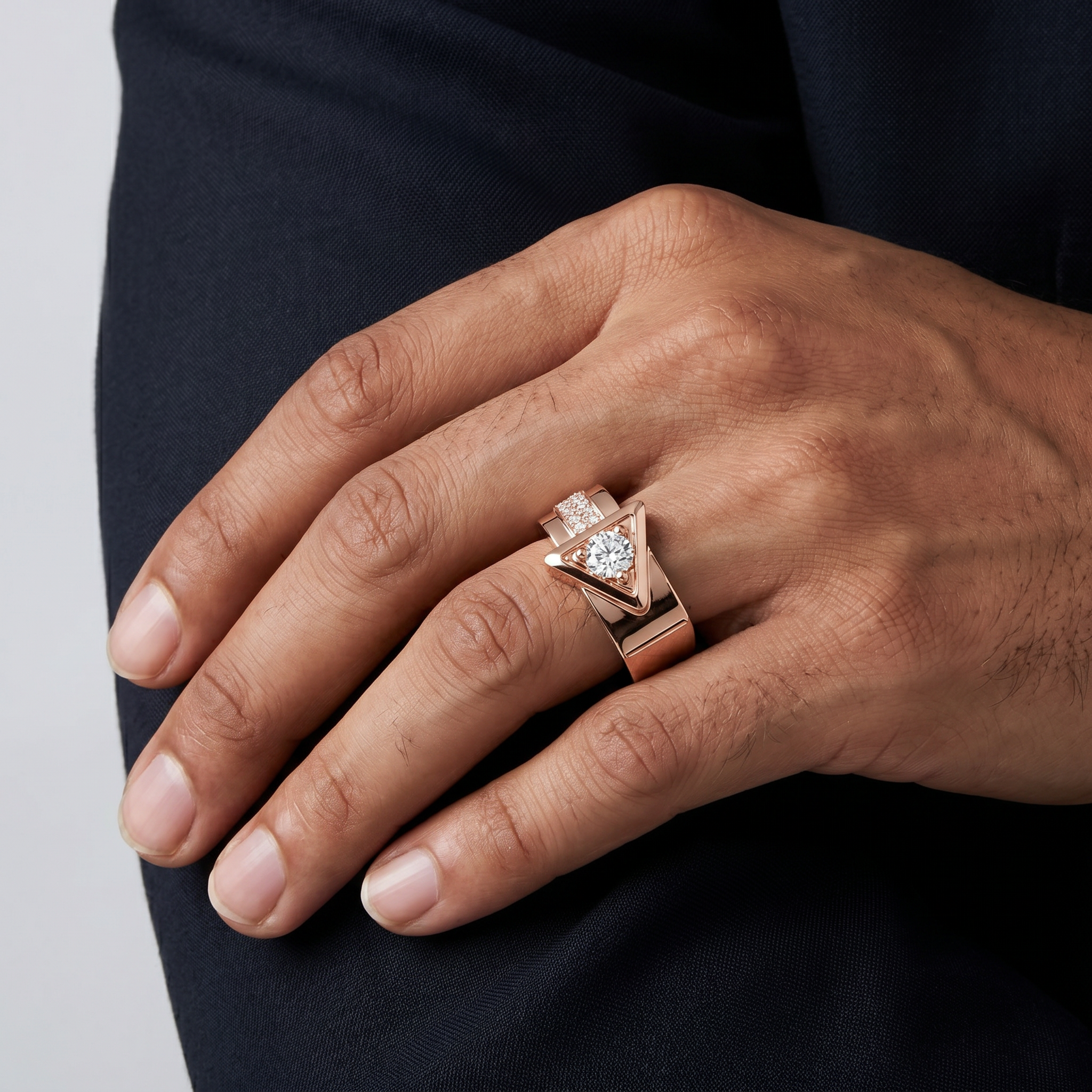 Men’s Round Brilliant Diamond Ring | Triangle Frame Design Pavé Side A ...