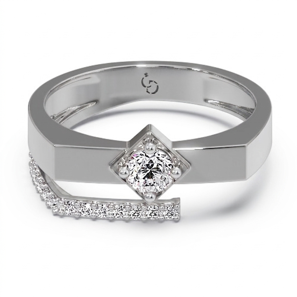 men’s round brilliant diamond ring | tilted square setting curved pavé accent