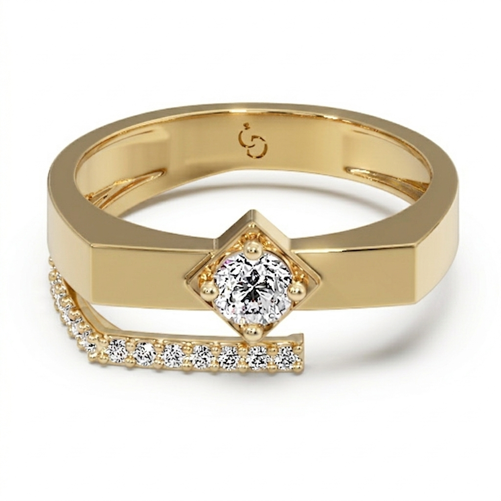 men’s round brilliant diamond ring | tilted square setting curved pavé accent