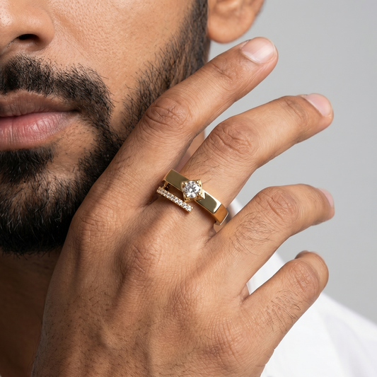Men’s Round Brilliant Diamond Ring | Tilted Square Setting Curved Pavé Accent