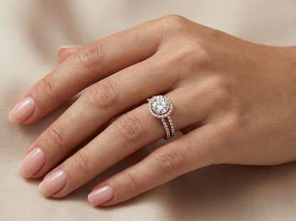 Round Brilliant Diamond Split Shank Halo Engagement Ring | Radiant Pavé Setting