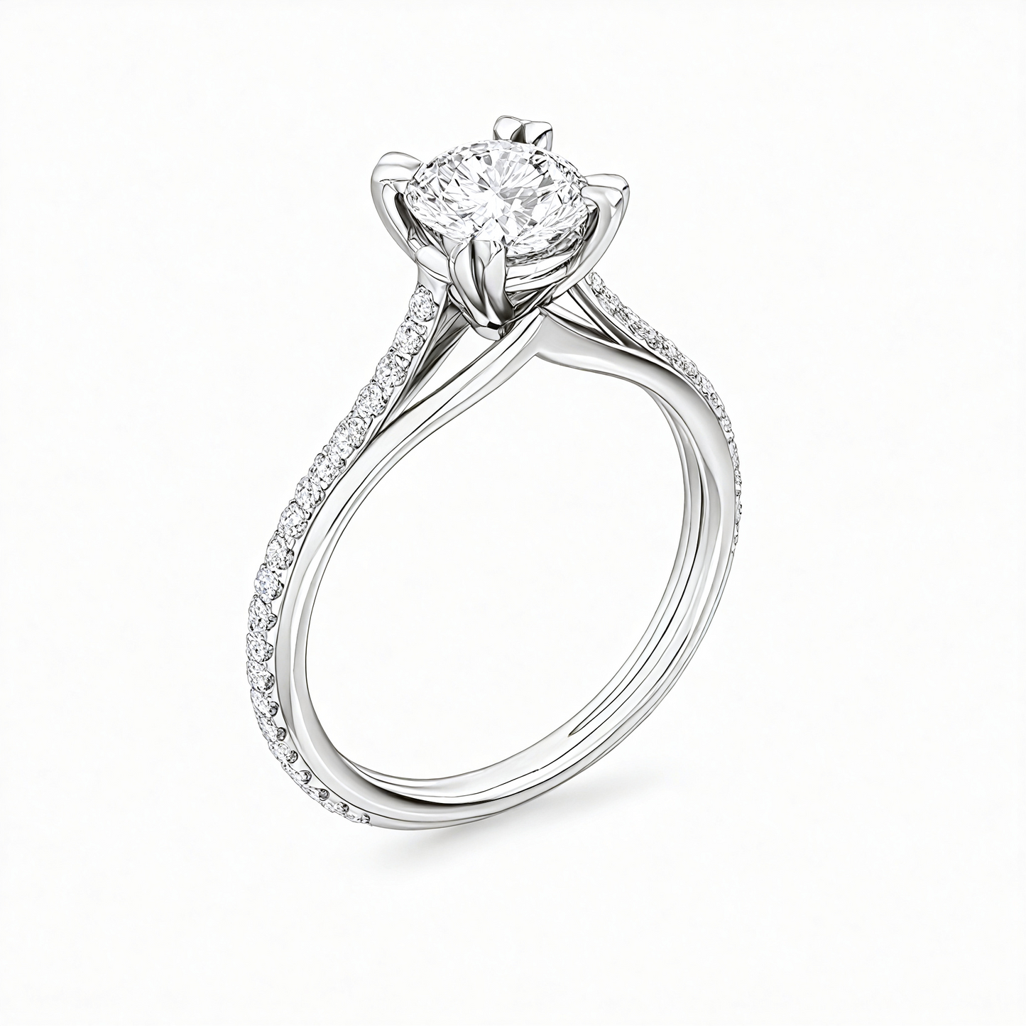 round brilliant diamond halo engagement ring | single row prong set shank