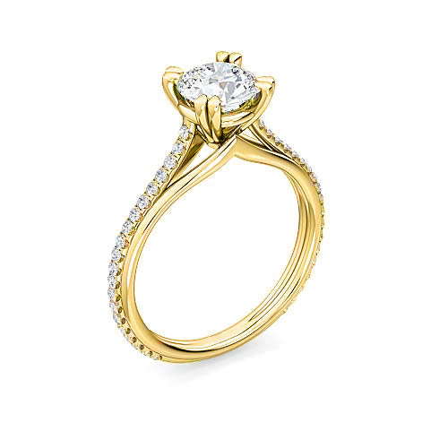 round brilliant diamond halo engagement ring | single row prong set shank