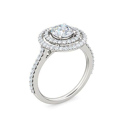 Round Brilliant Diamond Double Row Halo Engagement Ring | Split Shank Pavé Band