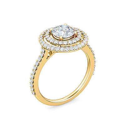 Round Brilliant Diamond Double Row Halo Engagement Ring | Split Shank Pavé Band