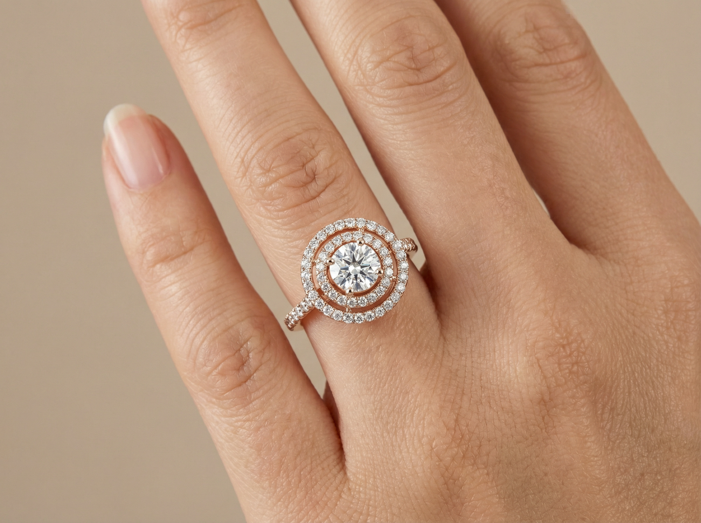round brilliant diamond double row halo engagement ring | split shank pavé band