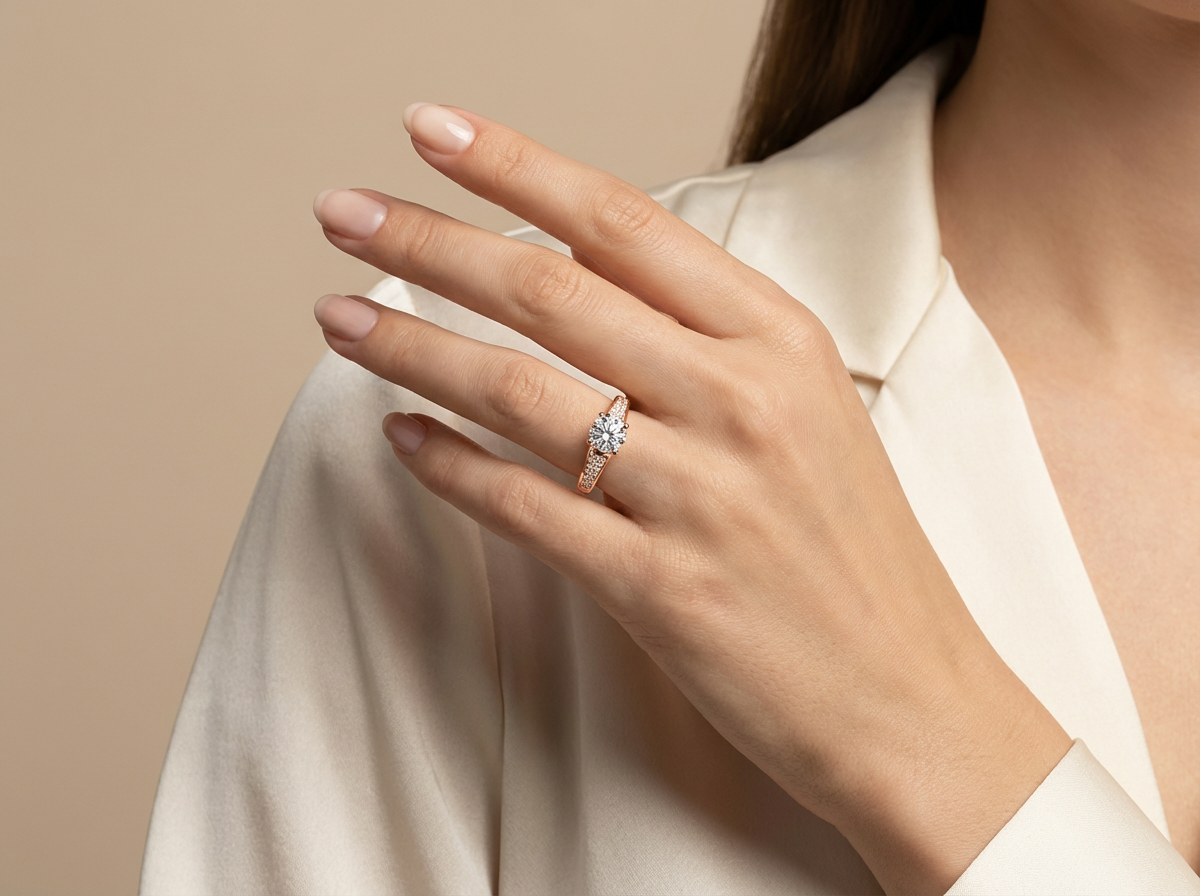 round diamond half bezel pavé engagement ring | triple row graduated pavé shank
