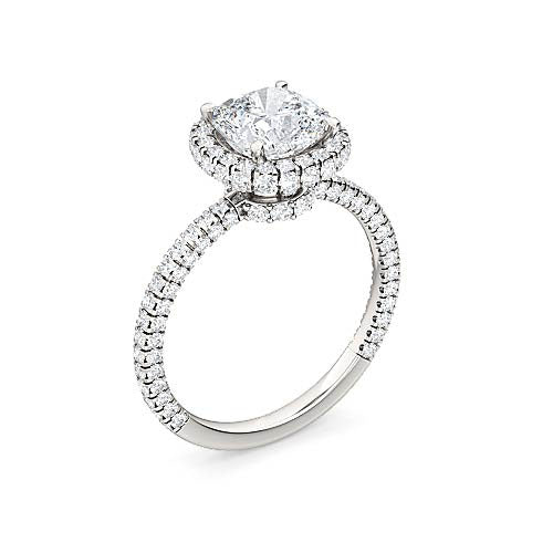 Cushion Cut Diamond Halo Engagement Ring | Three Sided Fully Faceted Pavé Setting
