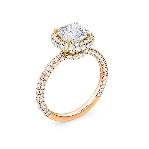 cushion cut diamond halo engagement ring | three sided fully faceted pavé setting