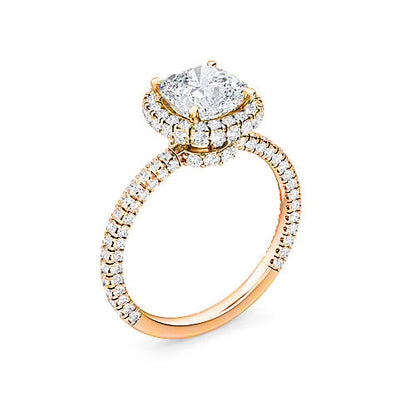 Cushion Cut Diamond Halo Engagement Ring | Three Sided Fully Faceted Pavé Setting