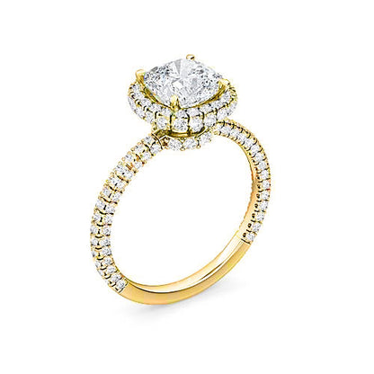 Cushion Cut Diamond Halo Engagement Ring | Three Sided Fully Faceted Pavé Setting