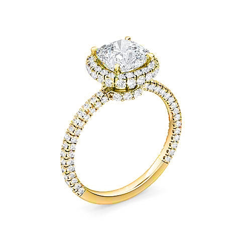 Cushion Cut Diamond Halo Engagement Ring | Three Sided Fully Faceted Pavé Setting
