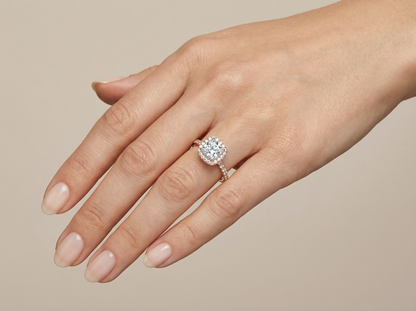 Cushion Cut Diamond Halo Engagement Ring | Three Sided Fully Faceted Pavé Setting
