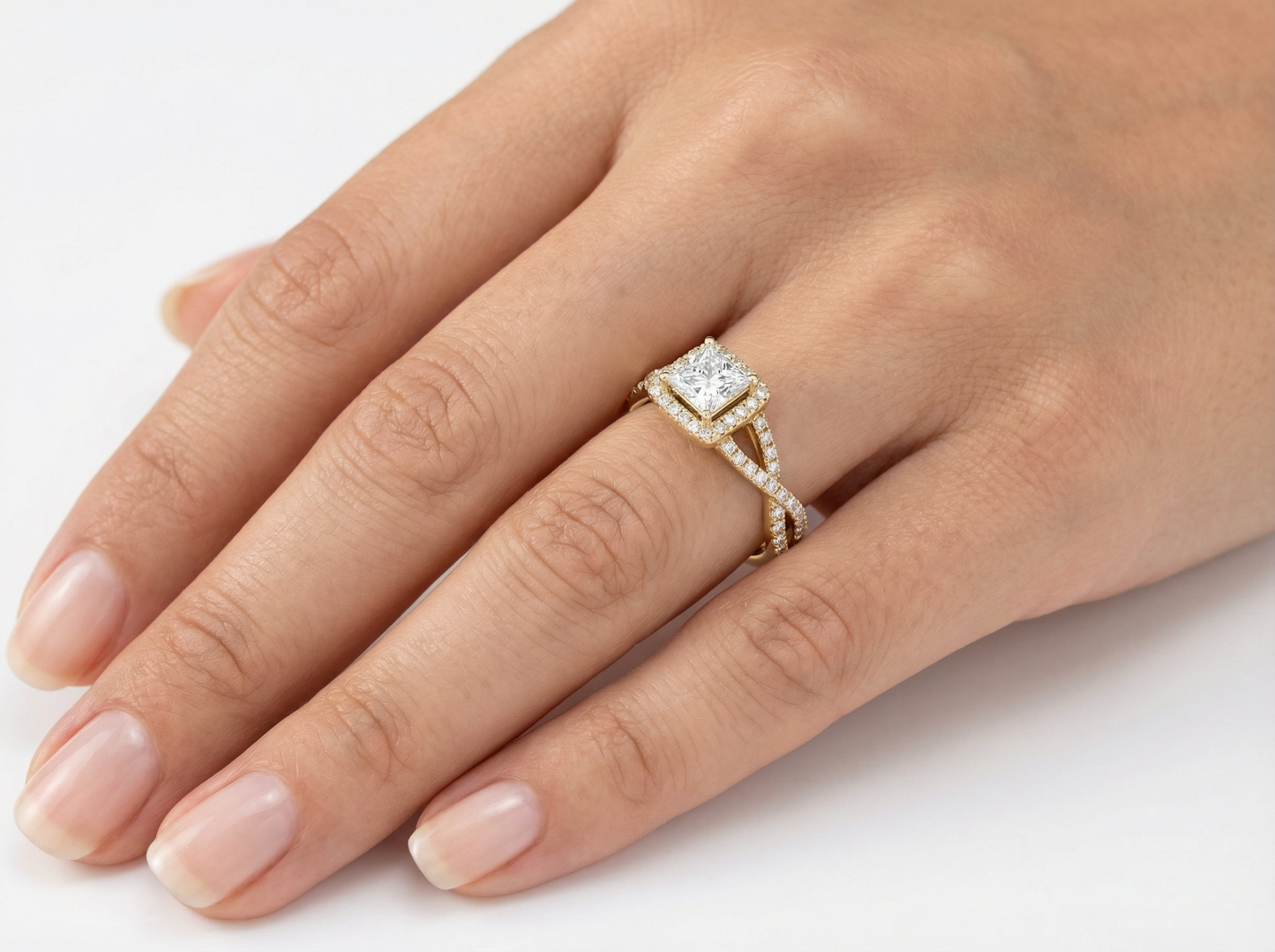 princess cut diamond halo engagement ring | elegant split shank pavé setting