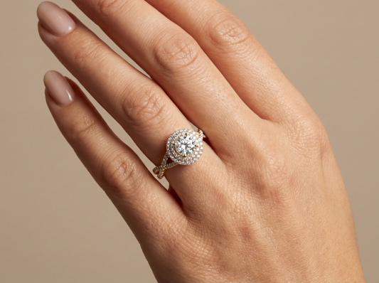 Round Brilliant Diamond Halo Engagement Ring | Cross Shank Pavé Diamond Setting