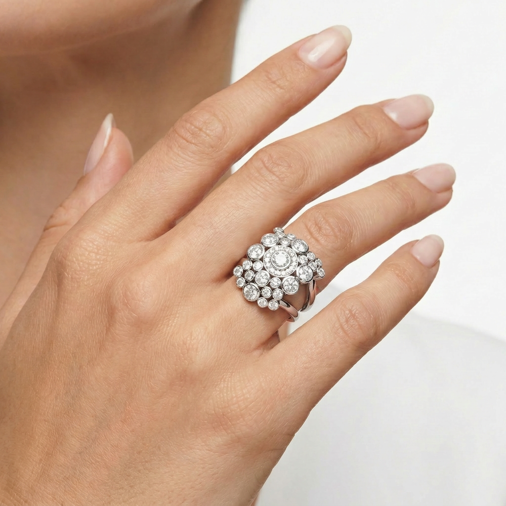 round brilliant diamond bezel wedding ring | pavé halo & split shank setting