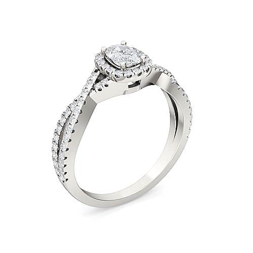 emerald cut diamond cross twist engagement ring | pavé halo & twisted shank setting