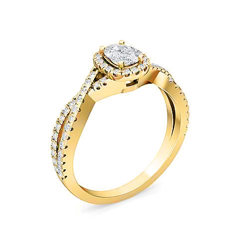 emerald cut diamond cross twist engagement ring | pavé halo & twisted shank setting