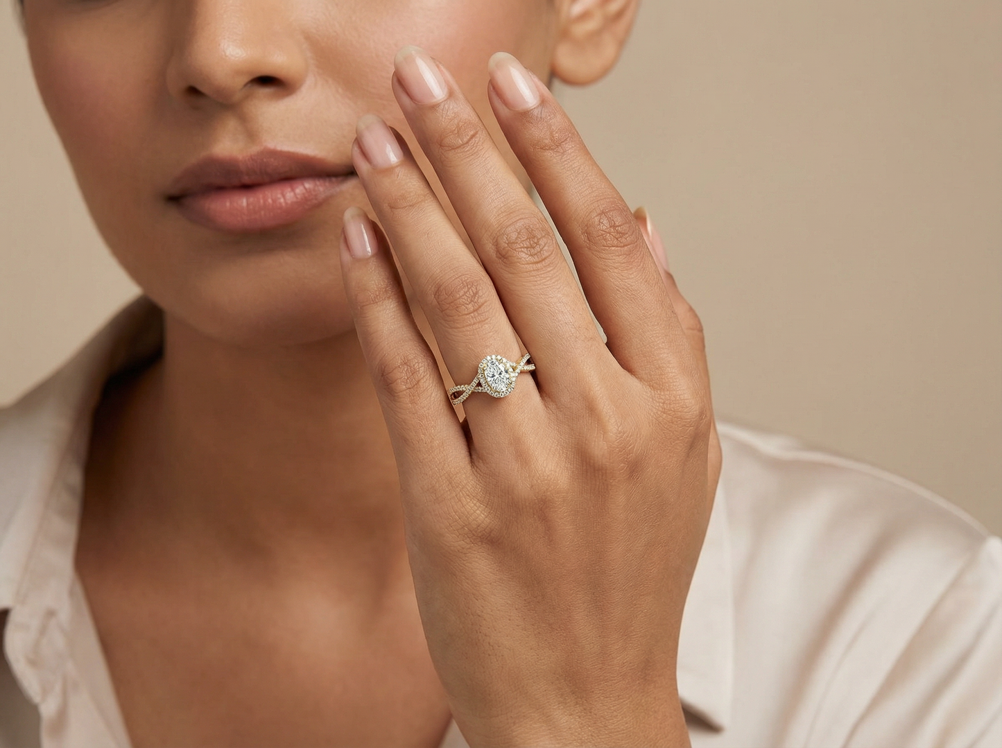 emerald cut diamond cross twist engagement ring | pavé halo & twisted shank setting
