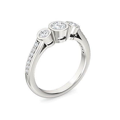 Round Brilliant Three Stone Pavé Diamond Engagement Ring | Matched Accent Stone Setting
