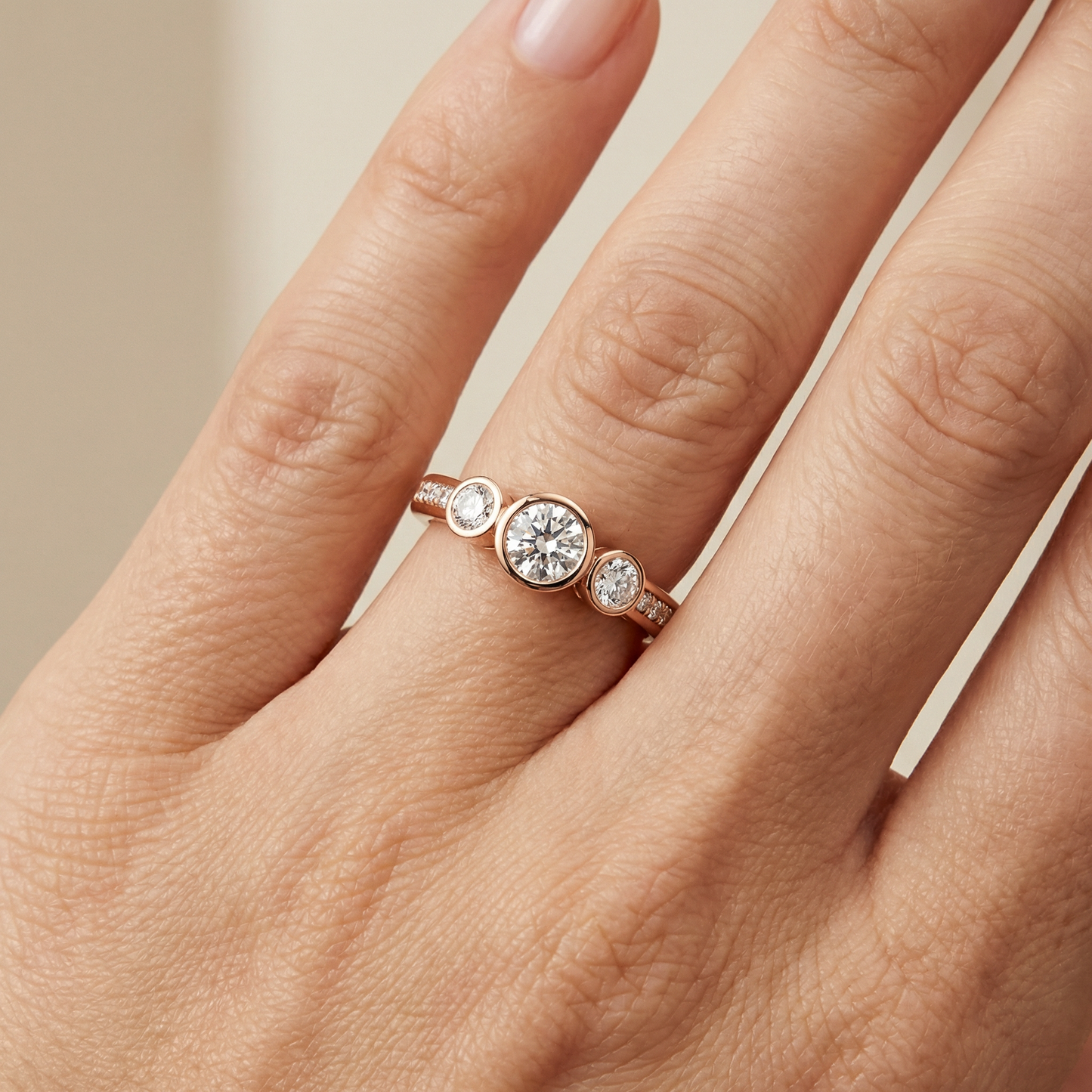 round brilliant three stone pavé diamond engagement ring | matched accent stone setting