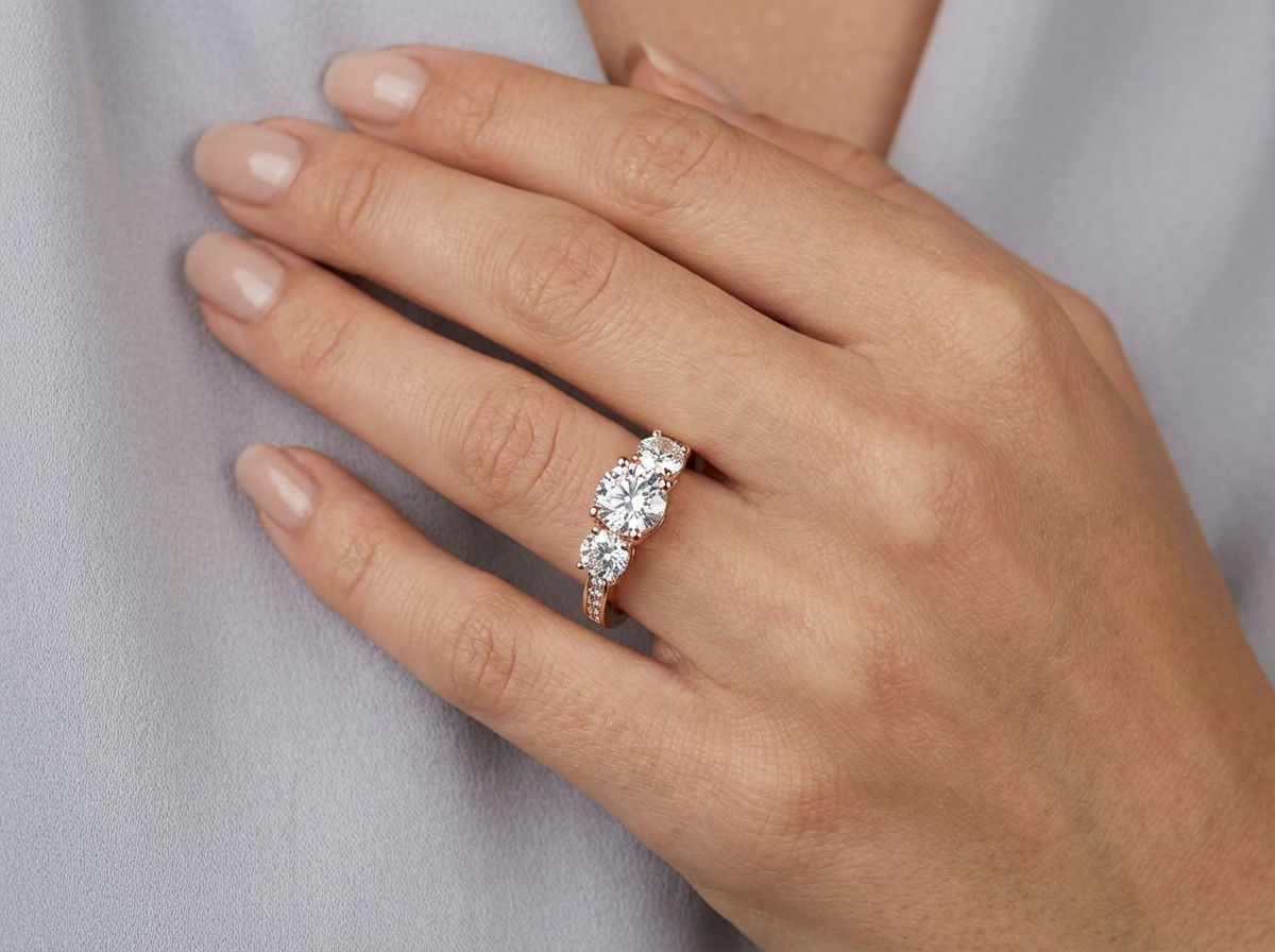 three stone round brilliant diamond pavé engagement ring | past present future