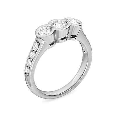Three Stone Round Brilliant Diamond Pavé Engagement Ring | Bold Half Row Pavé Setting