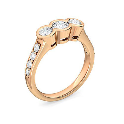Three Stone Round Brilliant Diamond Pavé Engagement Ring | Bold Half Row Pavé Setting