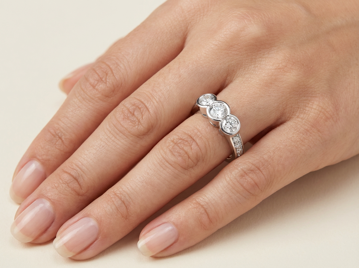 three stone round brilliant diamond pavé engagement ring | bold half row pavé setting