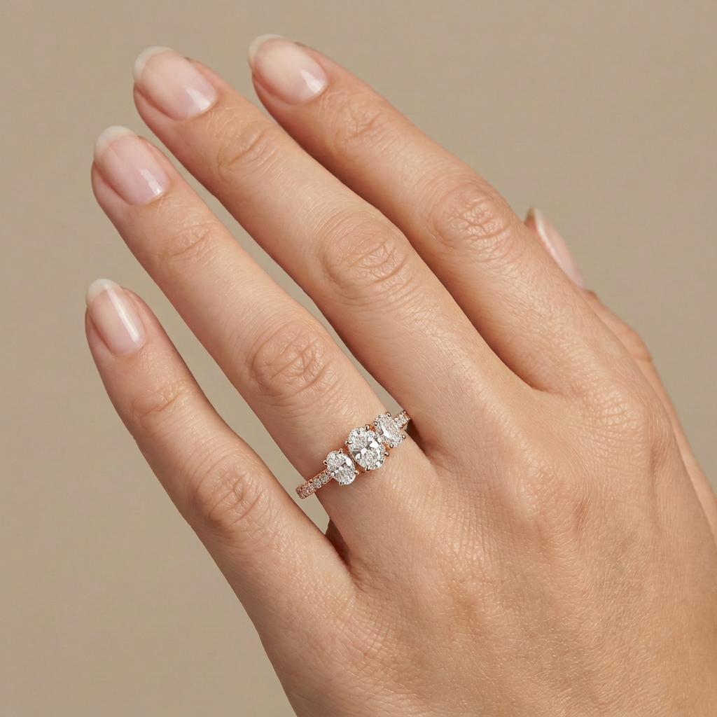 three stone oval diamond pavé engagement ring | classic trilogy single row setting