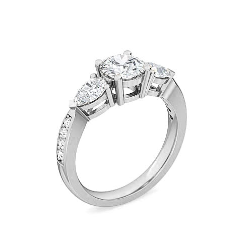 three stone round brilliant diamond pavé engagement ring | pear side stone setting