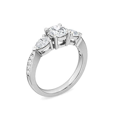 Three Stone Round Brilliant Diamond Pavé Engagement Ring | Pear Side Stone Setting