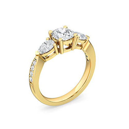 Three Stone Round Brilliant Diamond Pavé Engagement Ring | Pear Side Stone Setting