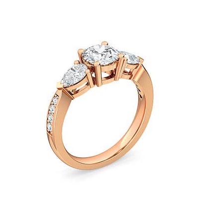 Three Stone Round Brilliant Diamond Pavé Engagement Ring | Pear Side Stone Setting