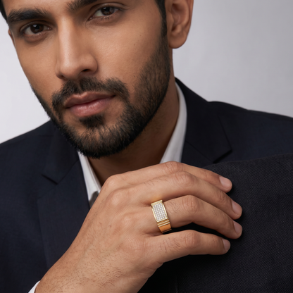 Men’s Round Brilliant Diamond Ring | Pavé Cluster Wide Top Classic Band