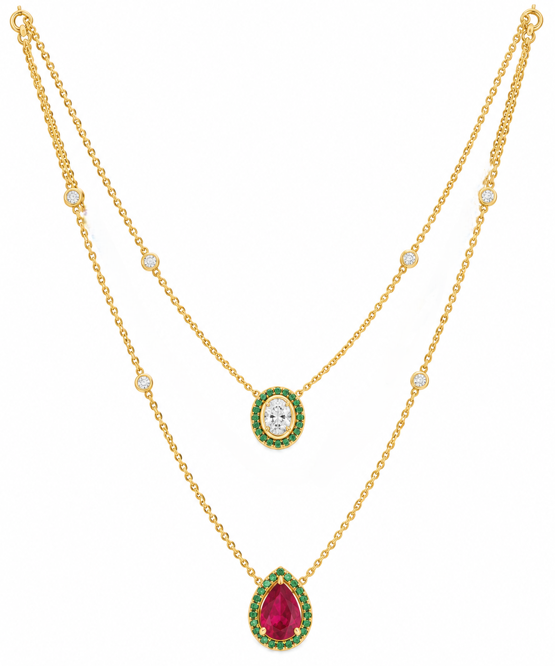 oval cut diamond & pear cut colorstone women's necklace | emerald halo double layer design