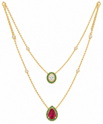 Oval Cut Diamond & Pear Cut Colorstone Women's Necklace | Emerald Halo Double Layer Design