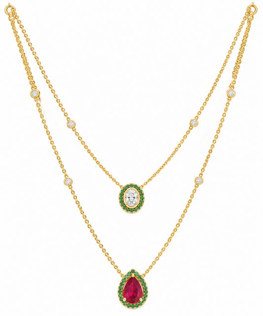 Oval Cut Diamond & Pear Cut Colorstone Women's Necklace | Emerald Halo Double Layer Design
