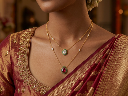 Oval Cut Diamond & Pear Cut Colorstone Women's Necklace | Emerald Halo Double Layer Design