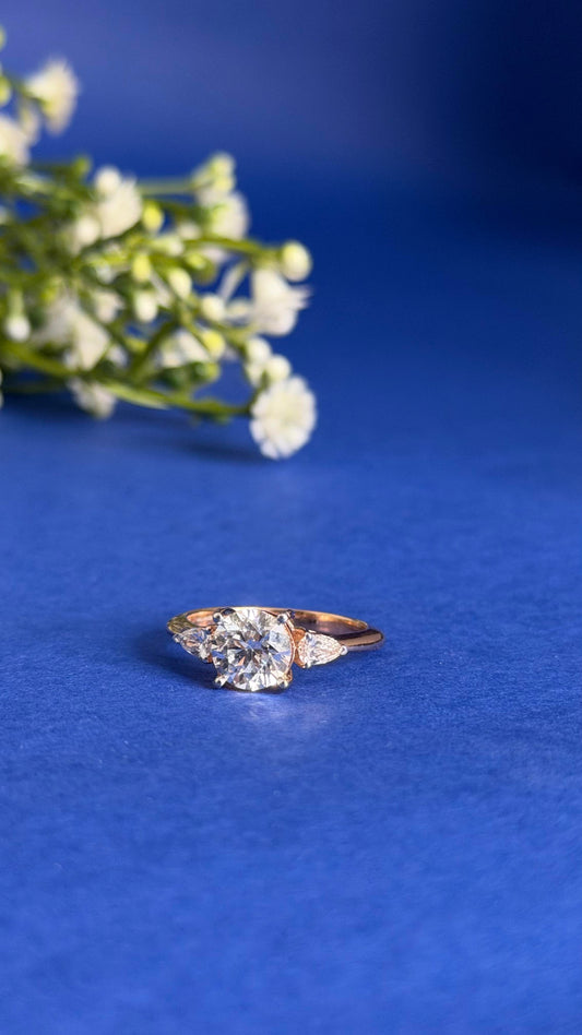 Round & Pear Diamond Women's Solitaire Ring | Three Stone Prong Setting