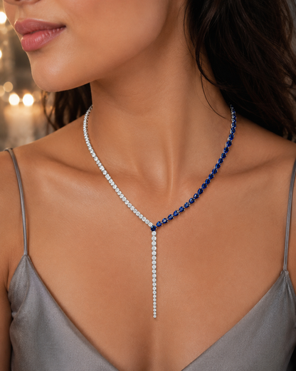 Round Diamond & Blue Stone Women's Tennis Necklace | Prong Setting