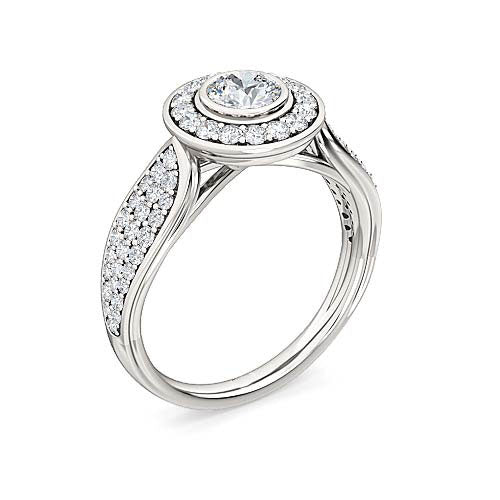 Round Brilliant Diamond Halo Engagement Ring | Leaf Shape Shank Pavé Setting