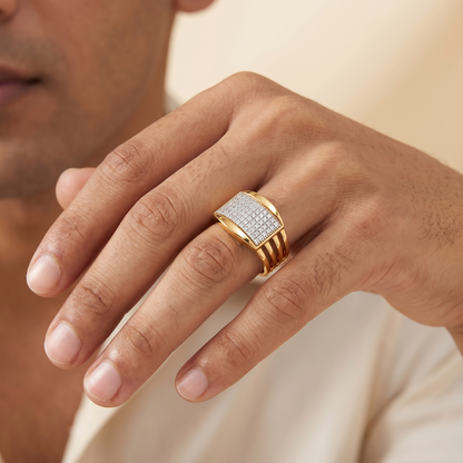 Men’s Round Brilliant Diamond Ring | Pavé Cluster Top Open Split Band Design
