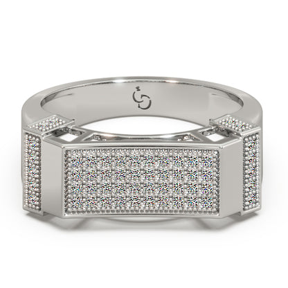 Men’s Round Brilliant Diamond Ring | Pavé Cluster Bar Top Geometric Side Accents
