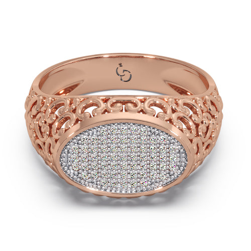 men’s round brilliant diamond ring | oval pavé cluster top filigree band design