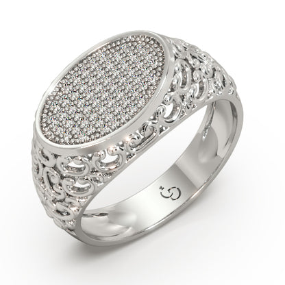 Men’s Round Brilliant Diamond Ring | Oval Pavé Cluster Top Filigree Band Design